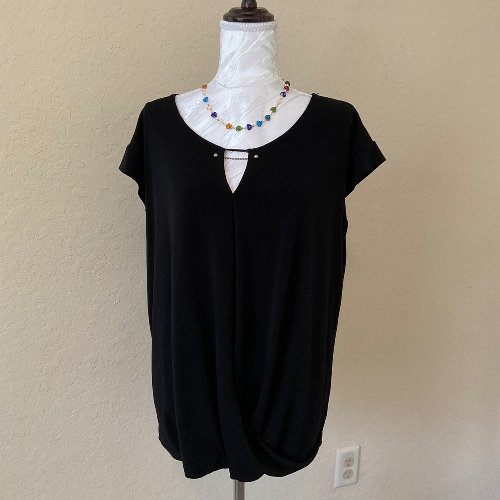 Thalia Sodi Womens XL Black Keyhole Blouse Gold Chain Hardware Drape Front Top